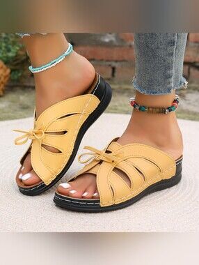 Women's Yellow Wedge Slip-On Comfort Sandals - Casual Summer Mules